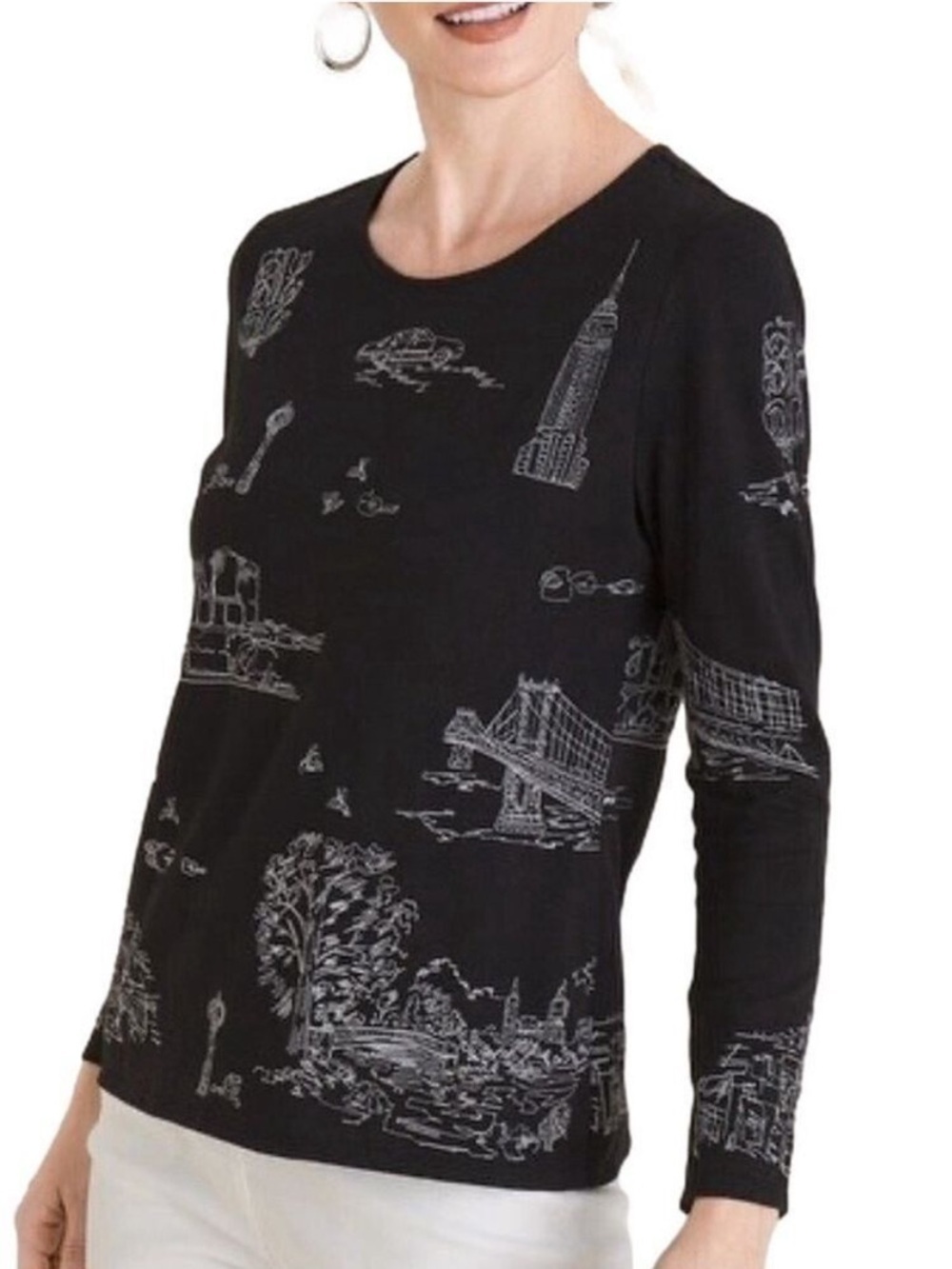 Chico's Embroidered Scenic Long Sleeve Cotton Modal Tee Medium Black